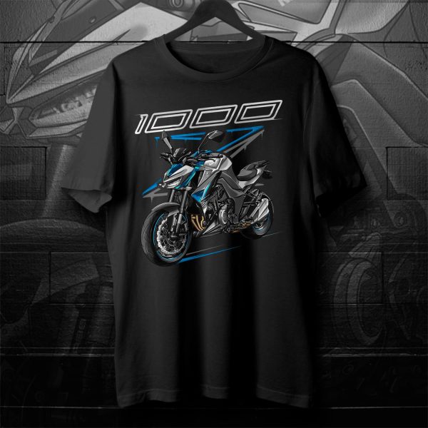 T-shirt Kawasaki Z1000 2018 Pearl Storm Grey & Candy Surf Blue & Metallic Spark Black Merchandise & Clothing Motorcycle Apparel